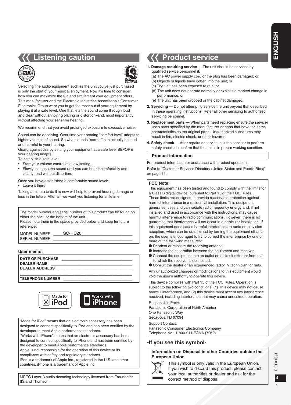 Listening caution, Product service, English | If you see this symbol | Panasonic SC-HC20 User Manual | Page 3 / 20