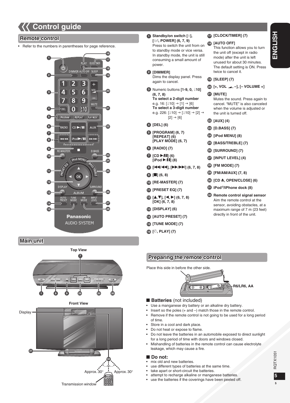 Control guide, English, Remote control main unit | Preparing the remote control, Batteries (not included), Do not, Portable audio equipment (during aux mode) | Panasonic SC-HC20 User Manual | Page 5 / 20