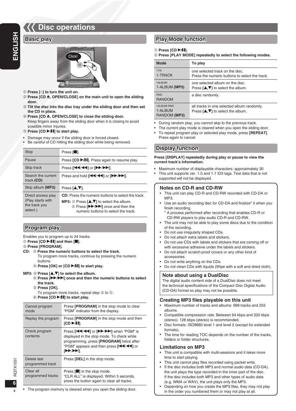 Disc operations, English, Play mode function | Basic play, Program play, Display function | Panasonic SC-HC20 User Manual | Page 6 / 20