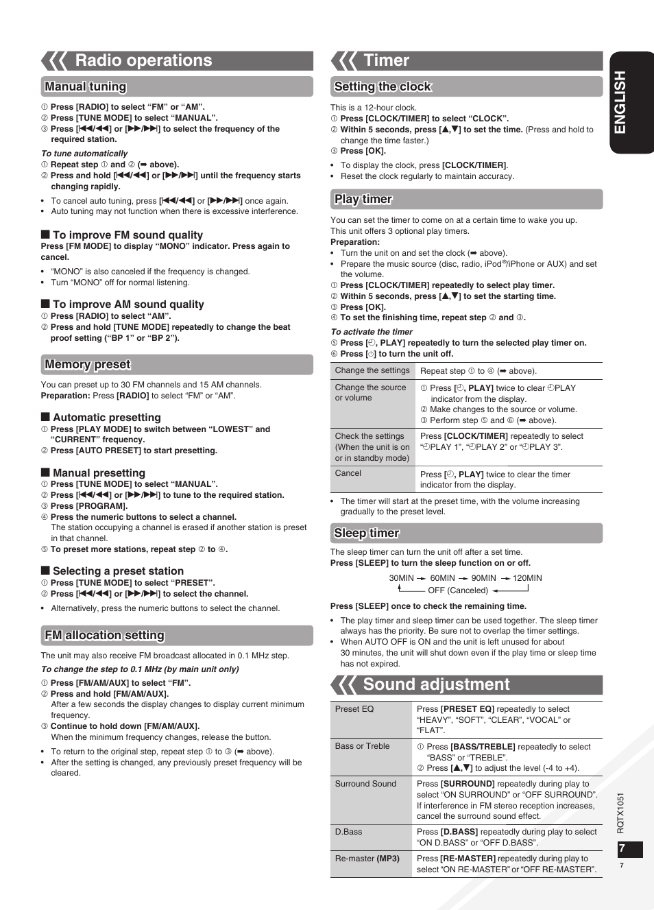 Radio operations, Timer, Sound adjustment | English, Setting the clock play timer, Sleep timer, Fm allocation setting | Panasonic SC-HC20 User Manual | Page 7 / 20