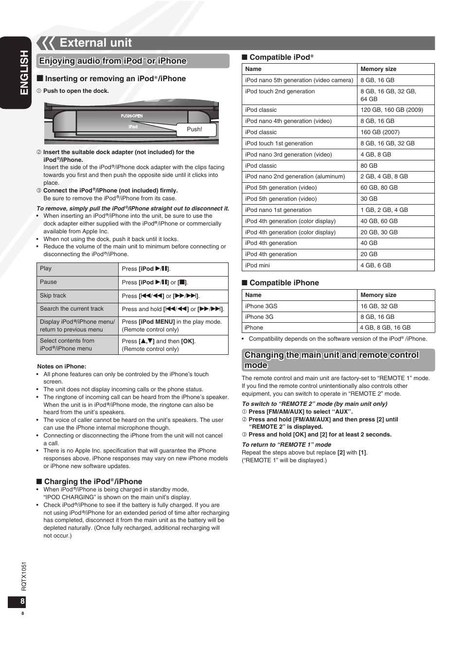 External unit, Troubleshooting guide, English | Enjoying audio from ipod or iphone, Changing the main unit and remote control mode | Panasonic SC-HC20 User Manual | Page 8 / 20