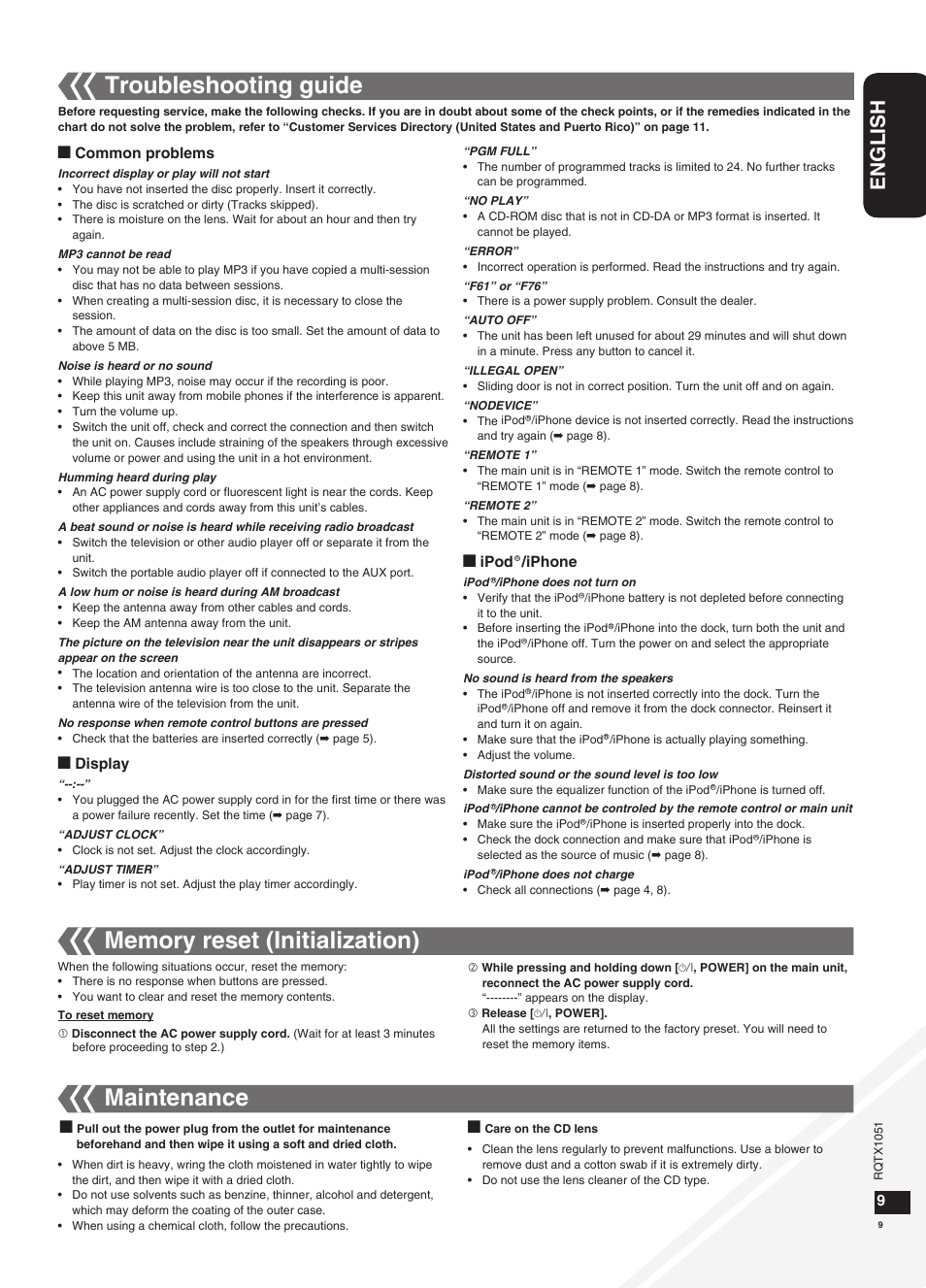 Memory reset (initialization), Maintenance, Troubleshooting guide | English | Panasonic SC-HC20 User Manual | Page 9 / 20