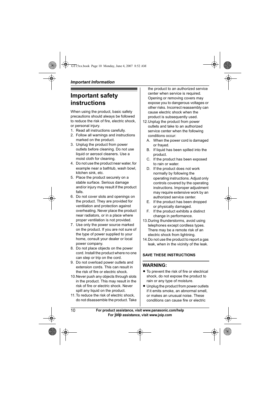 Important information, Important safety instructions | Panasonic BB-GT1540 User Manual | Page 10 / 112