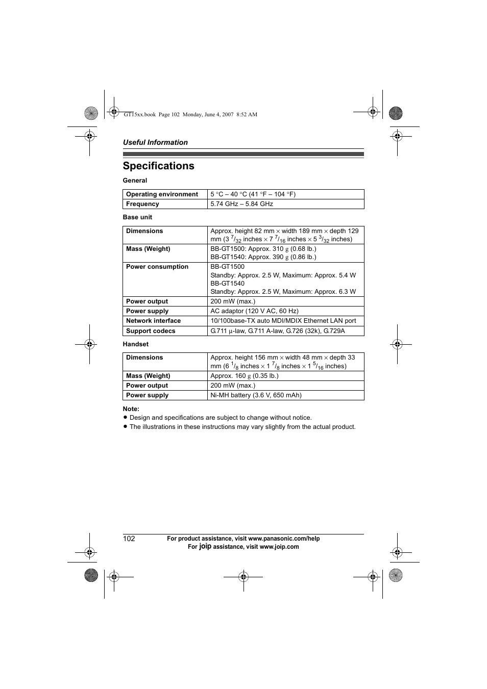 Specifications | Panasonic BB-GT1540 User Manual | Page 102 / 112