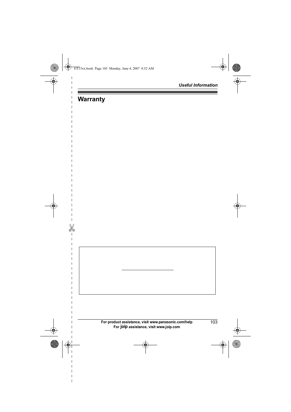 Warranty, Panasonic telephone products limited warranty | Panasonic BB-GT1540 User Manual | Page 103 / 112