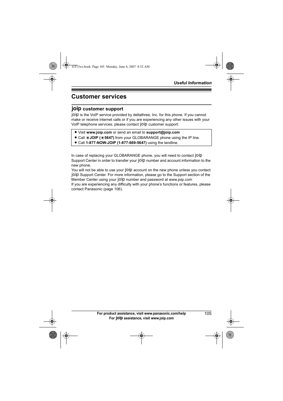 Customer services | Panasonic BB-GT1540 User Manual | Page 105 / 112