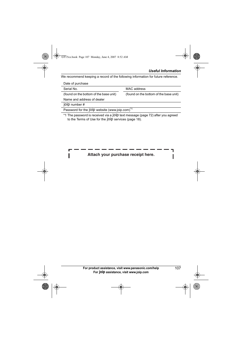 Attach your purchase receipt here | Panasonic BB-GT1540 User Manual | Page 107 / 112