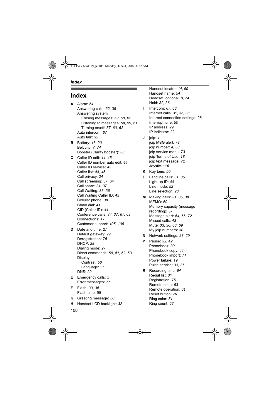 Index | Panasonic BB-GT1540 User Manual | Page 108 / 112