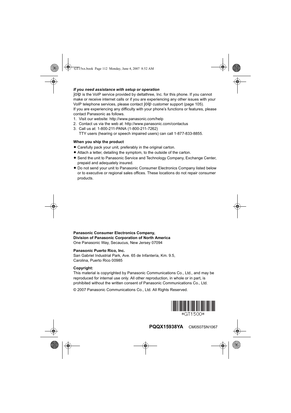 Panasonic BB-GT1540 User Manual | Page 112 / 112