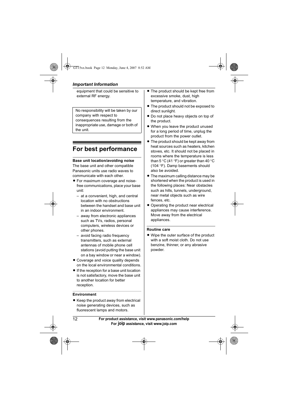 For best performance | Panasonic BB-GT1540 User Manual | Page 12 / 112