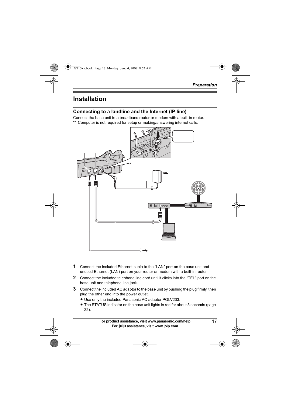 Installation | Panasonic BB-GT1540 User Manual | Page 17 / 112