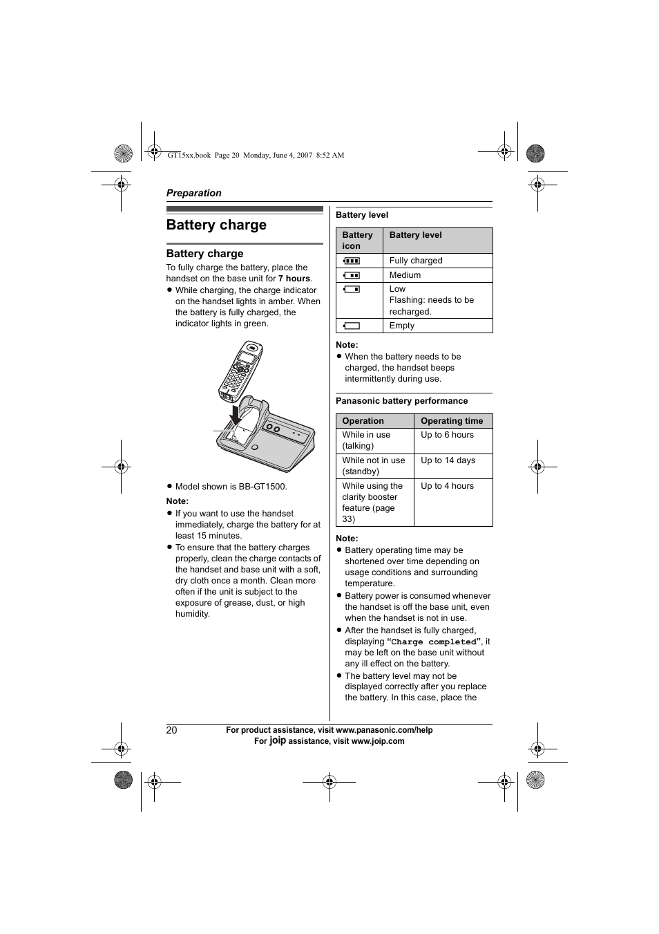 Battery charge | Panasonic BB-GT1540 User Manual | Page 20 / 112