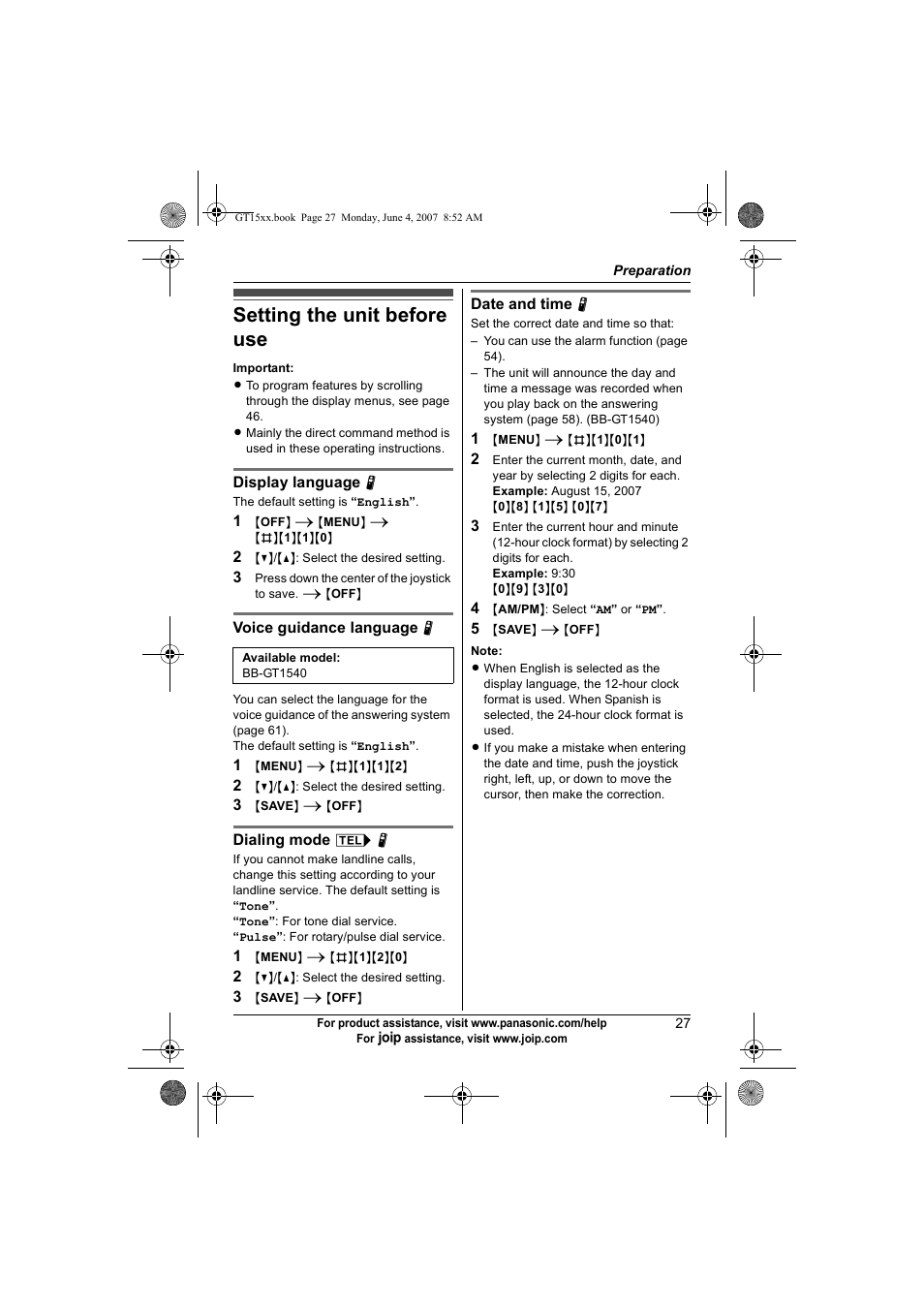 Setting the unit before use | Panasonic BB-GT1540 User Manual | Page 27 / 112