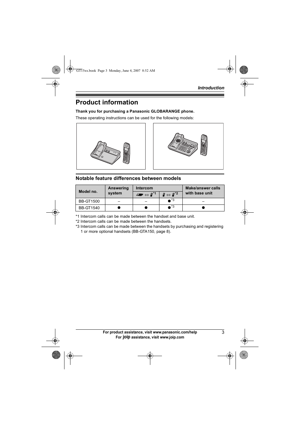 Introduction, Product information | Panasonic BB-GT1540 User Manual | Page 3 / 112