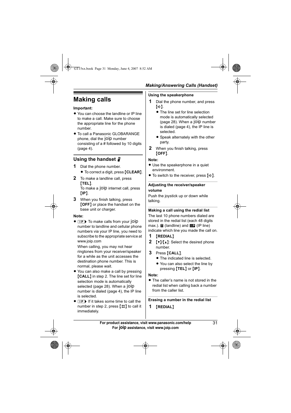 Making/answering calls (handset), Making calls | Panasonic BB-GT1540 User Manual | Page 31 / 112
