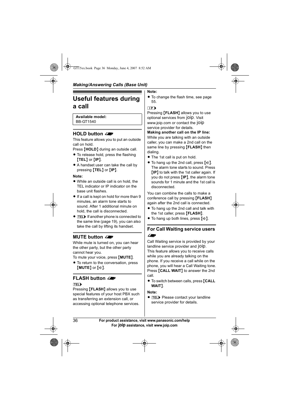 Useful features during a call | Panasonic BB-GT1540 User Manual | Page 36 / 112