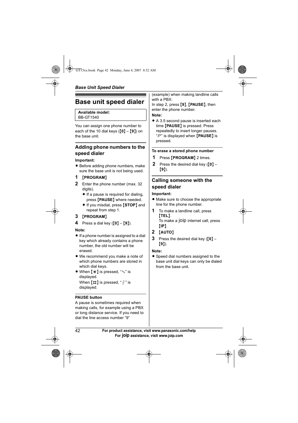 Base unit speed dialer | Panasonic BB-GT1540 User Manual | Page 42 / 112