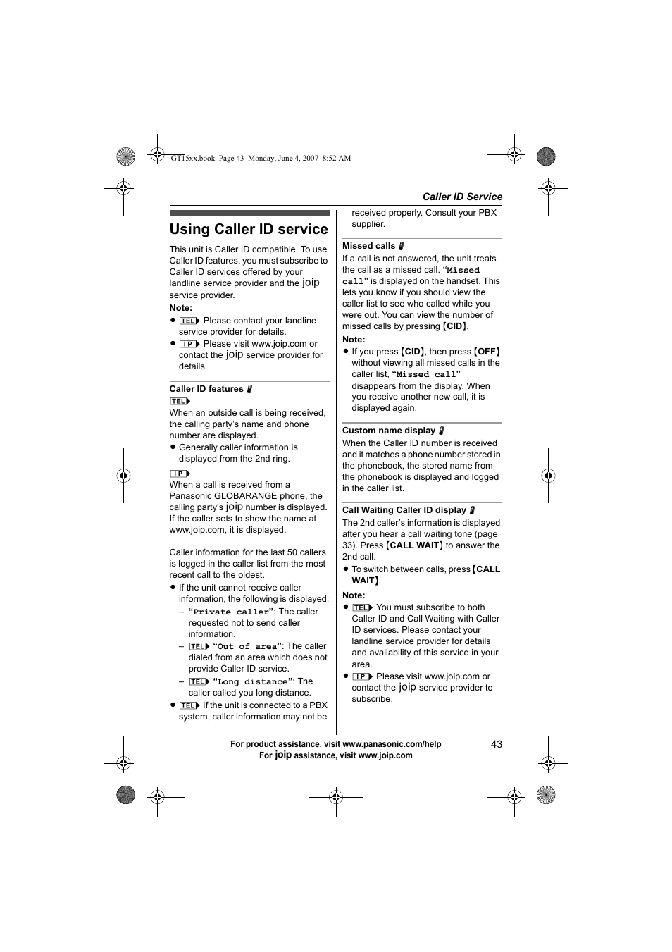 Caller id service, Using caller id service | Panasonic BB-GT1540 User Manual | Page 43 / 112