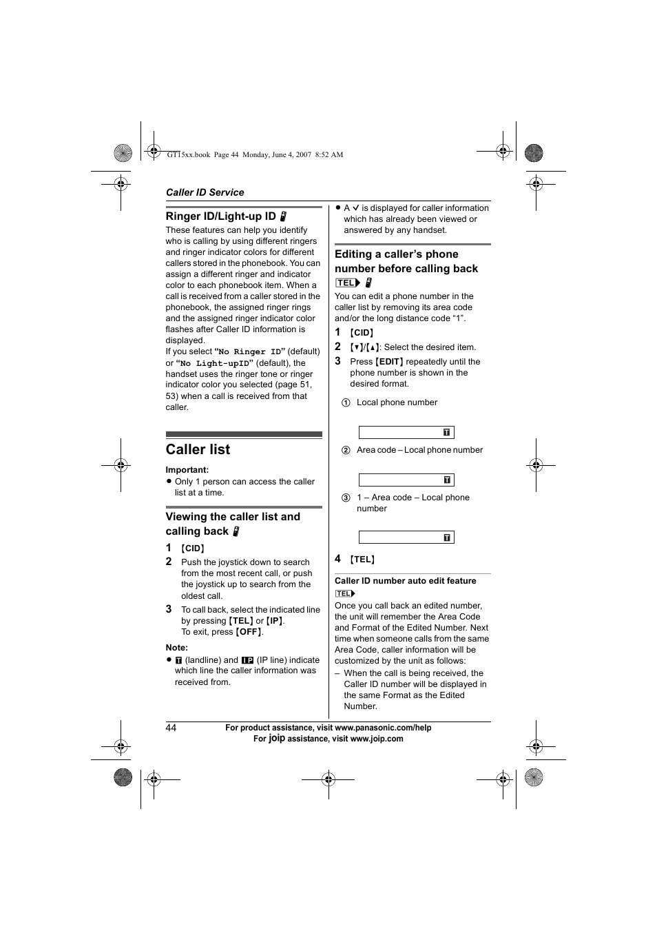 Caller list | Panasonic BB-GT1540 User Manual | Page 44 / 112