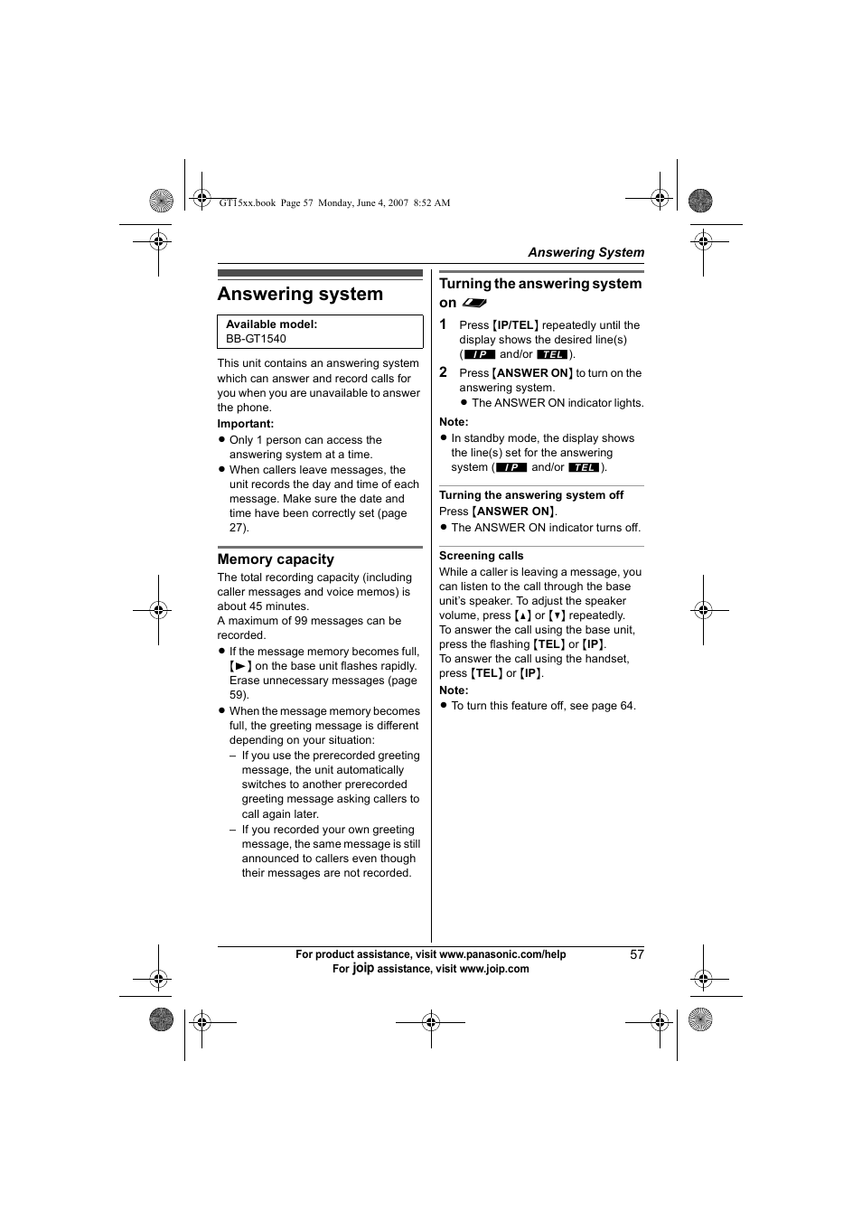 Answering system | Panasonic BB-GT1540 User Manual | Page 57 / 112