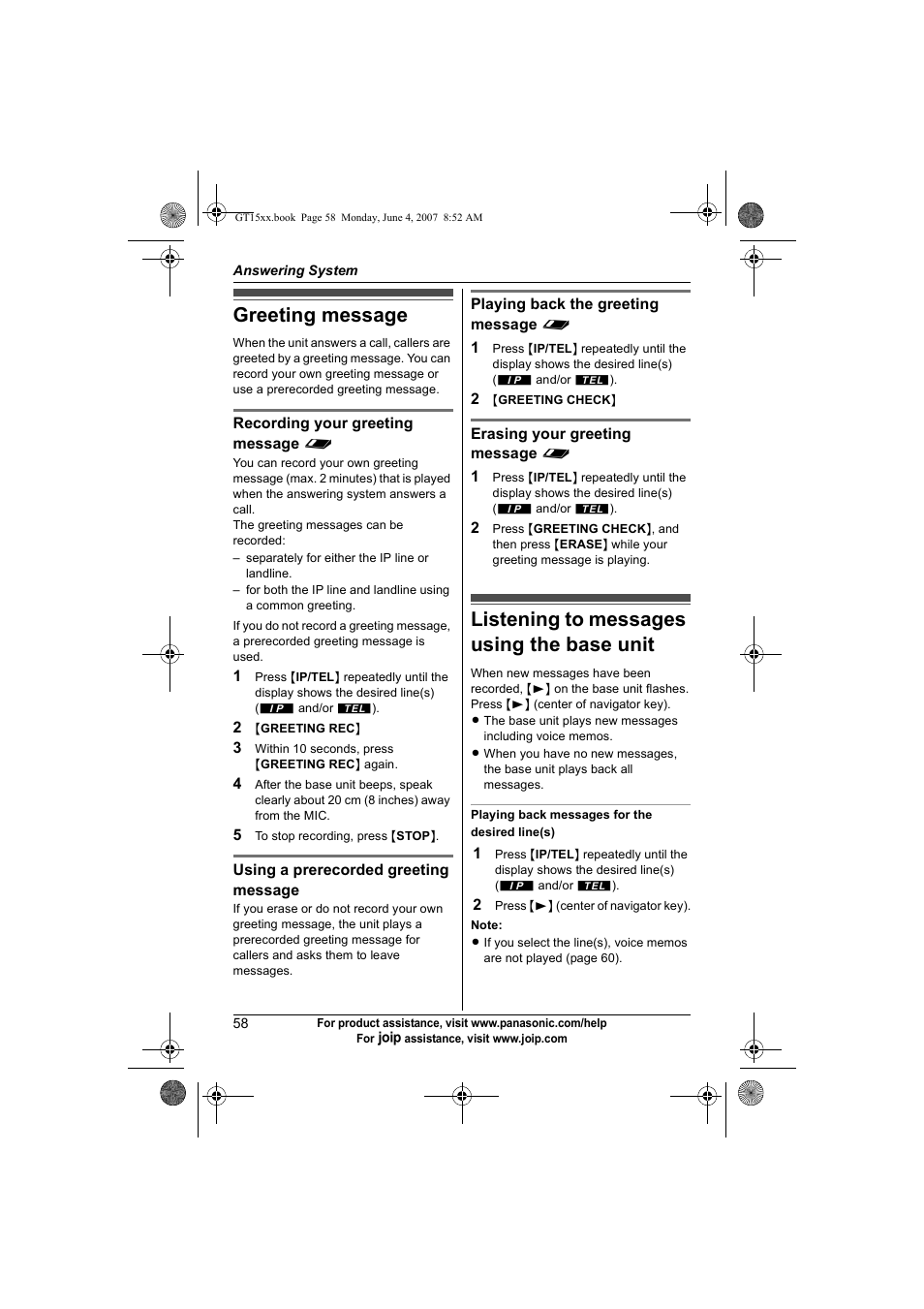 Greeting message, Listening to messages using the base unit | Panasonic BB-GT1540 User Manual | Page 58 / 112