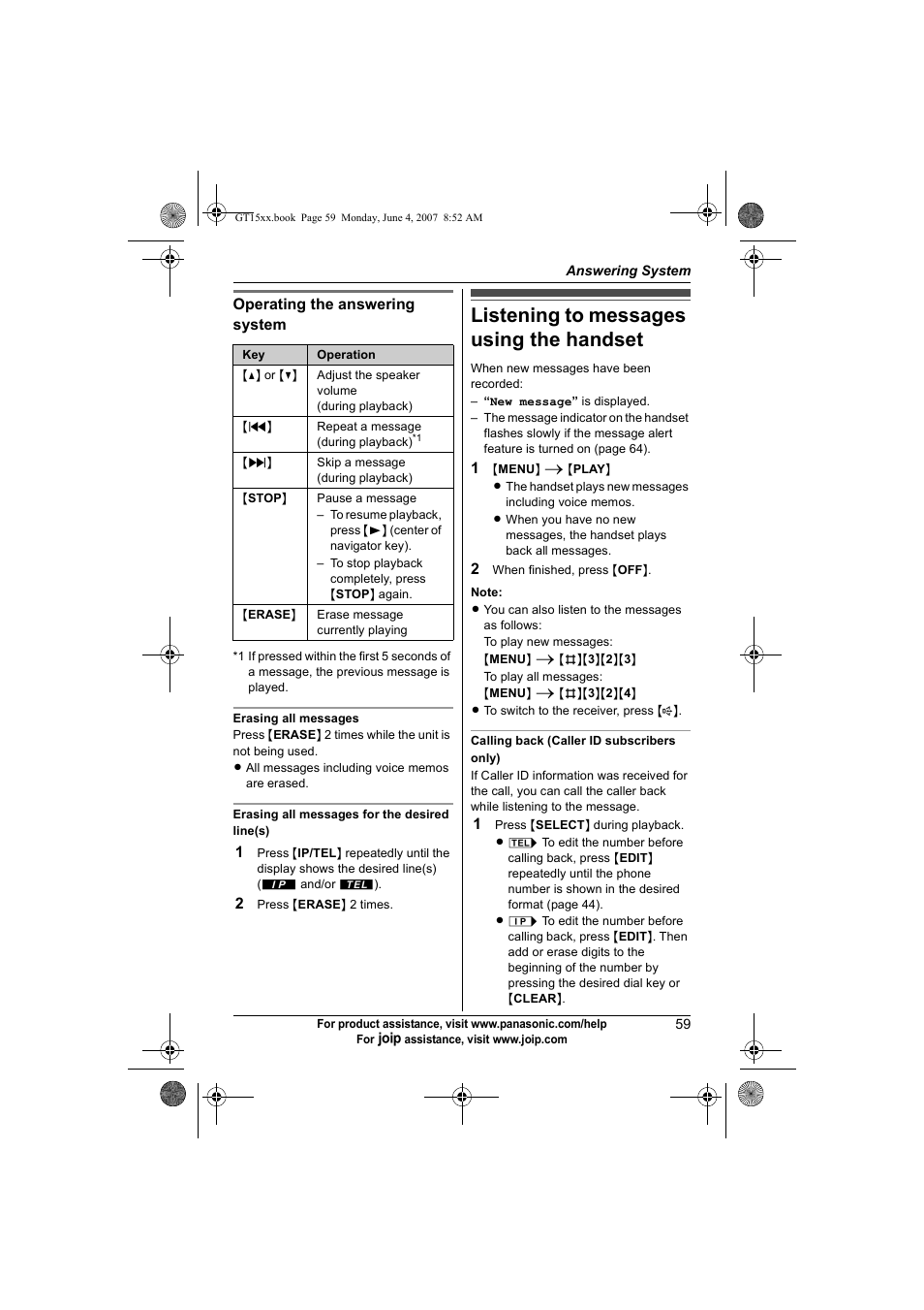 Listening to messages using the handset | Panasonic BB-GT1540 User Manual | Page 59 / 112