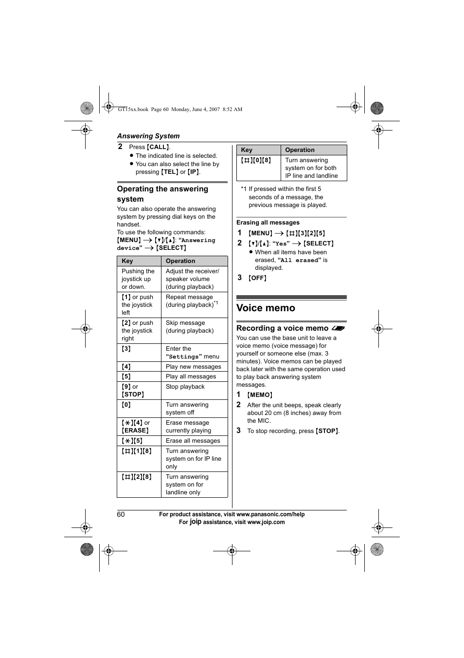 Voice memo | Panasonic BB-GT1540 User Manual | Page 60 / 112