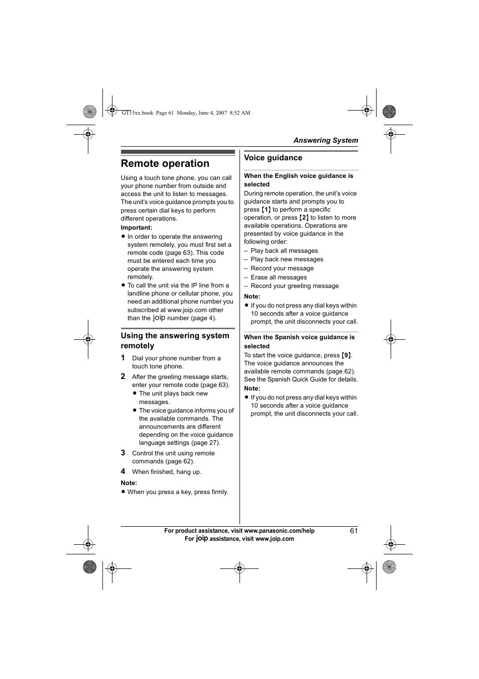 Remote operation | Panasonic BB-GT1540 User Manual | Page 61 / 112