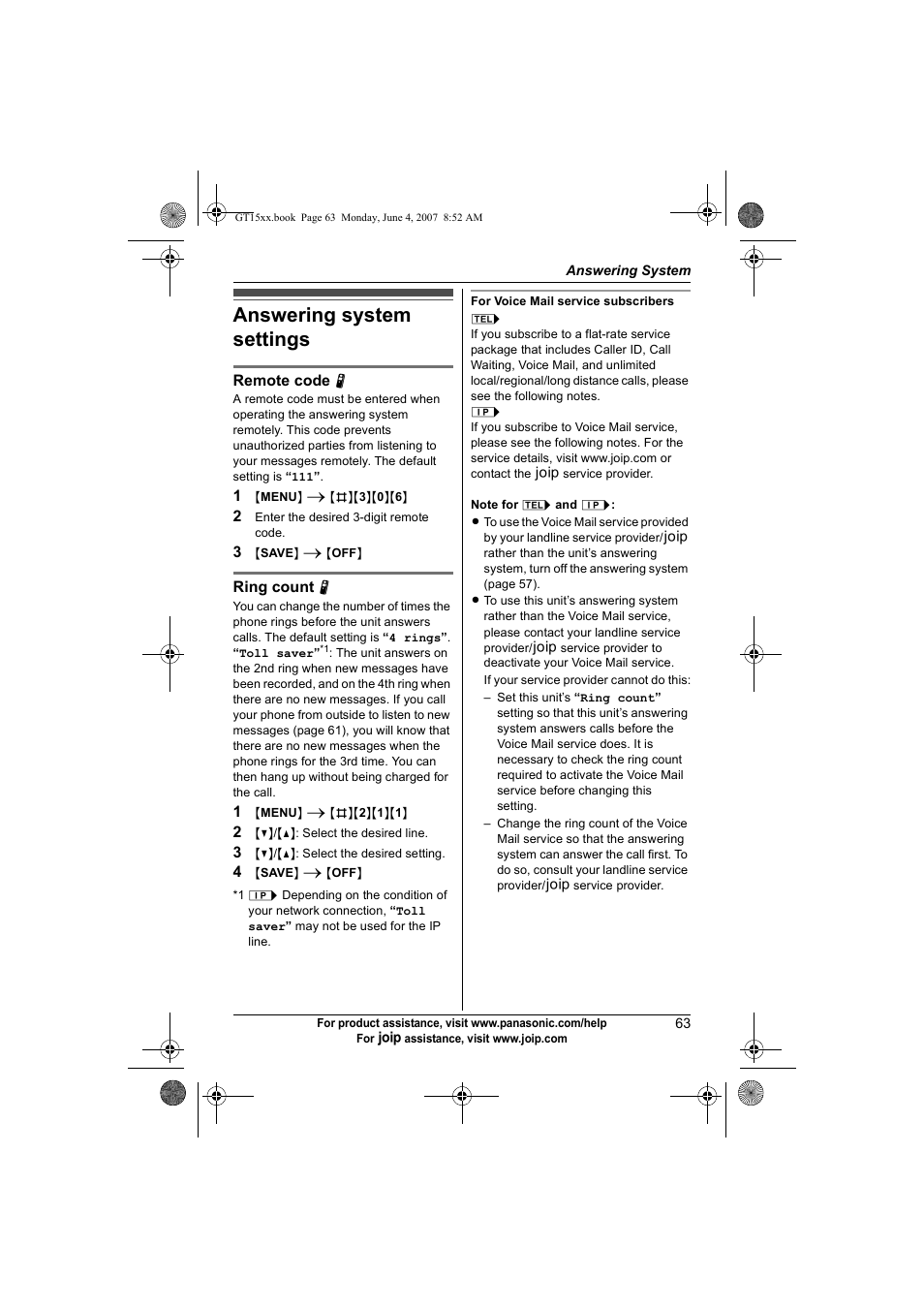 Answering system settings | Panasonic BB-GT1540 User Manual | Page 63 / 112