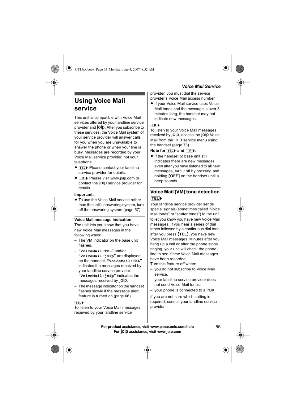 Voice mail service, Using voice mail service | Panasonic BB-GT1540 User Manual | Page 65 / 112