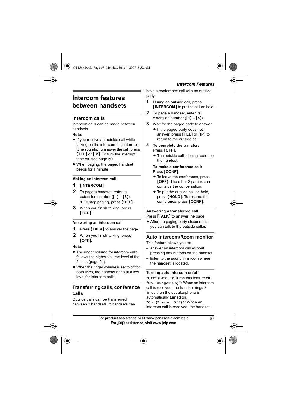 Intercom features, Intercom features between handsets, Intercom features between handsets 67 | Panasonic BB-GT1540 User Manual | Page 67 / 112