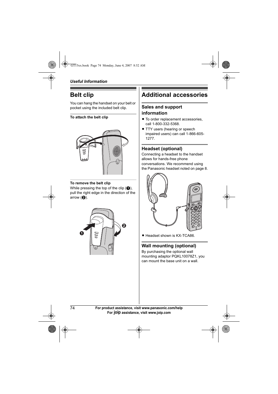 Useful information, Belt clip, Additional accessories | Belt clip additional accessories | Panasonic BB-GT1540 User Manual | Page 74 / 112