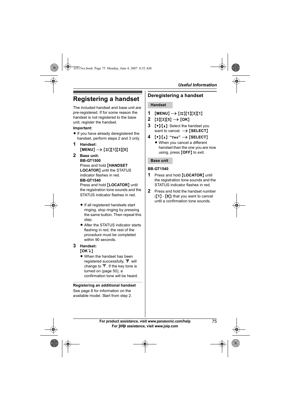 Registering a handset | Panasonic BB-GT1540 User Manual | Page 75 / 112