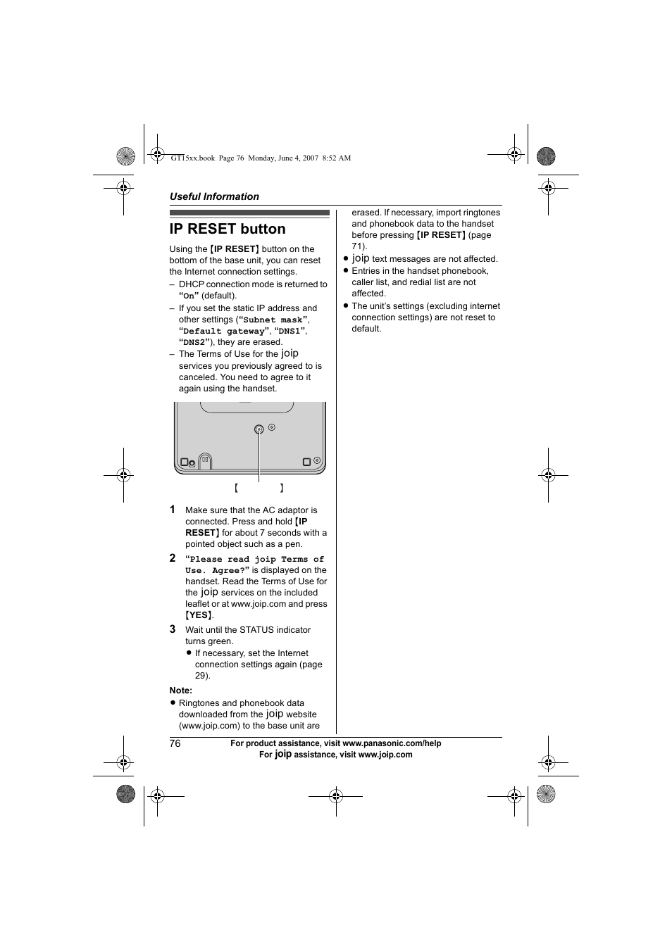 Ip reset button | Panasonic BB-GT1540 User Manual | Page 76 / 112