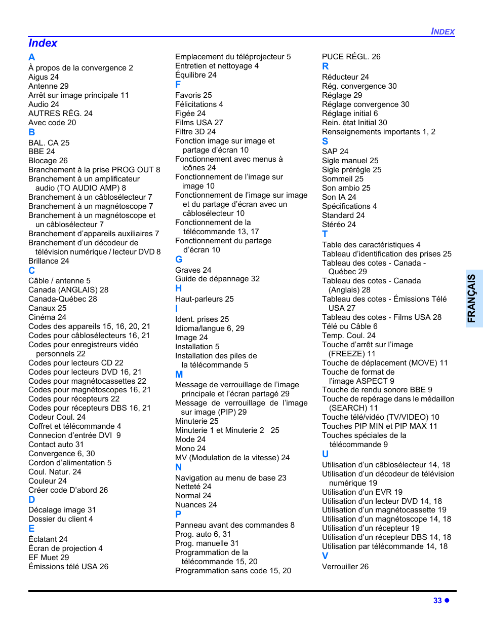 Index, Françai s | Panasonic PT-47WX54 User Manual | Page 103 / 112