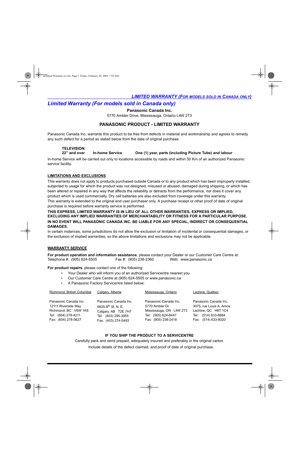 Limited warranty (for models sold in canada only) | Panasonic PT-47WX54 User Manual | Page 107 / 112