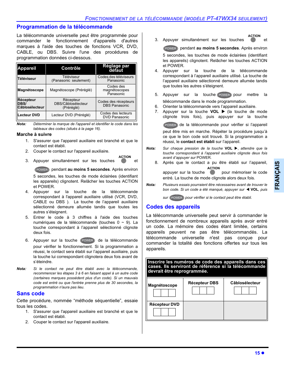 Programmation de la telecommande, Sans code, Codes des appareils | Françai s, Pt-47wx34, Programmation de la télécommande | Panasonic PT-47WX54 User Manual | Page 85 / 112