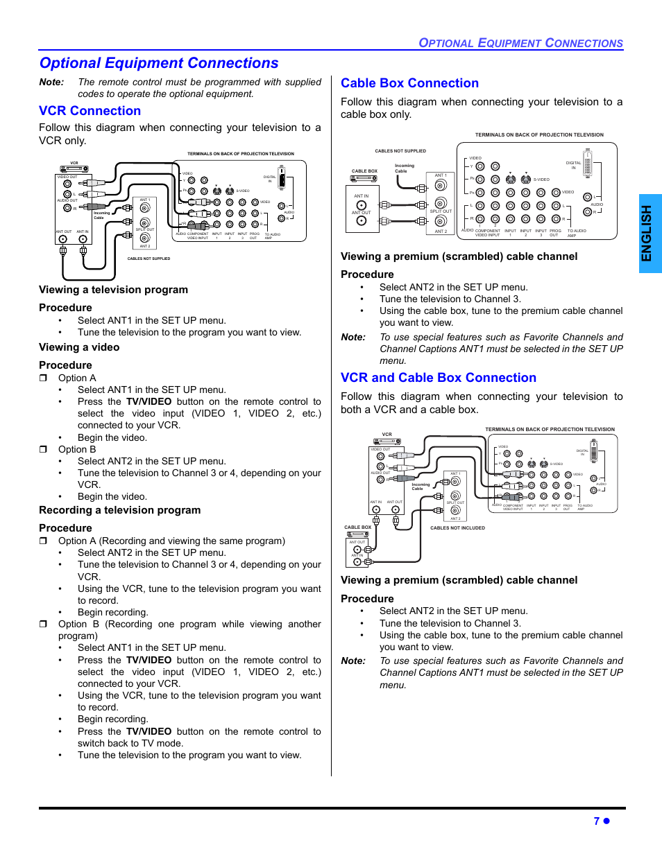 Optional equipment connections, Cable box, Vcr and cable box | English, Vcr connection, Cable box connection, Vcr and cable box connection, Viewing a video procedure, Recording a television program procedure, Ptional | Panasonic PT-47WX54 User Manual | Page 9 / 112