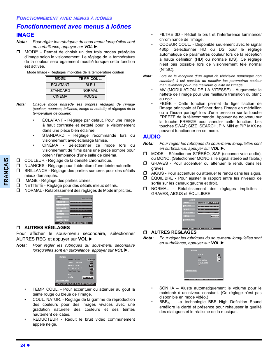 Fonctionnement avec menus a icones, Image, Audio | Fonctionnement avec menus à icônes, Françai s, 24 z, Mode, Autres réglages | Panasonic PT-47WX54 User Manual | Page 94 / 112