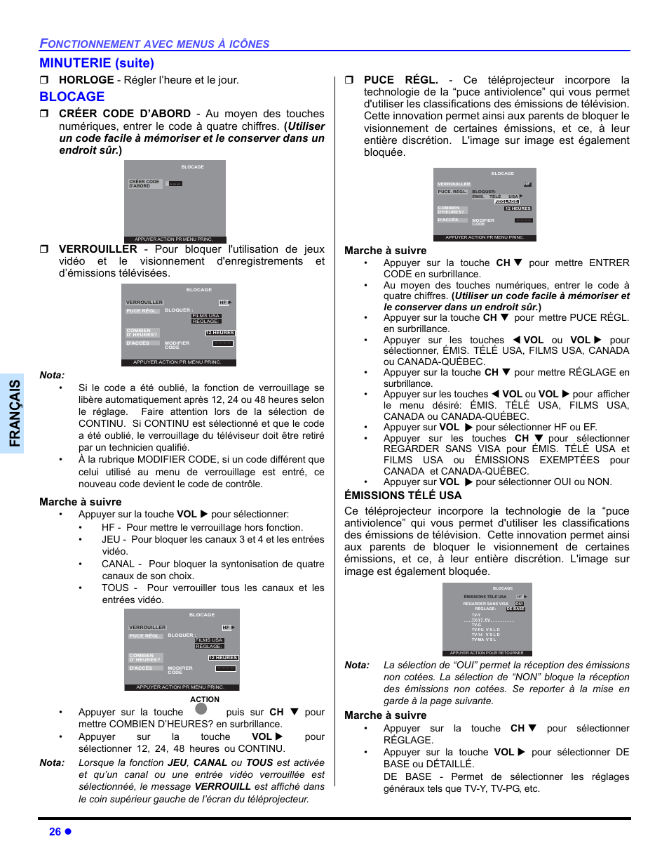 Françai s, Minuterie (suite), Blocage | 26 z, Horloge - régler l’heure et le jour, Marche à suivre | Panasonic PT-47WX54 User Manual | Page 96 / 112