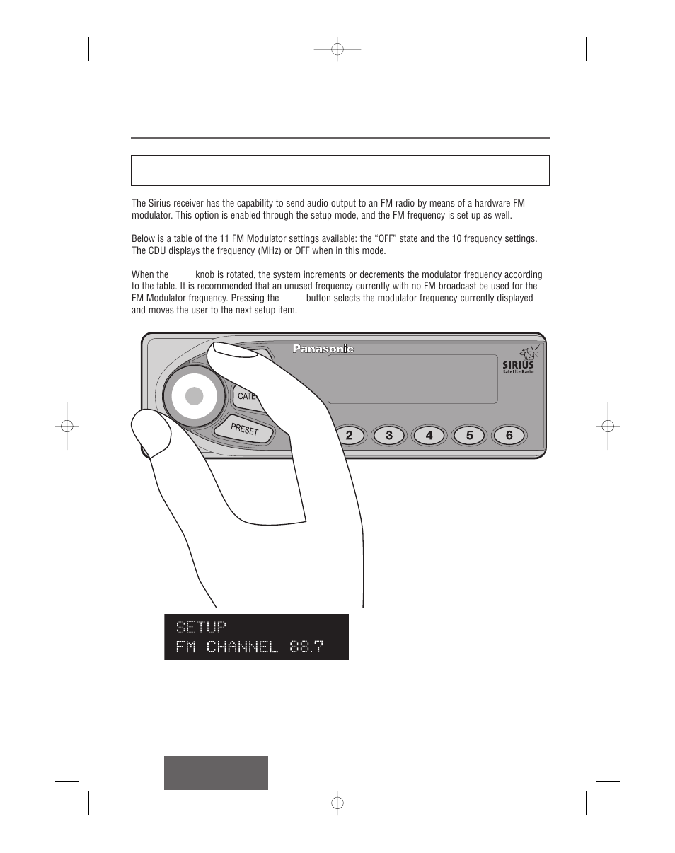 Setup fm modulator frequency | Panasonic CR-SRT100 User Manual | Page 15 / 53