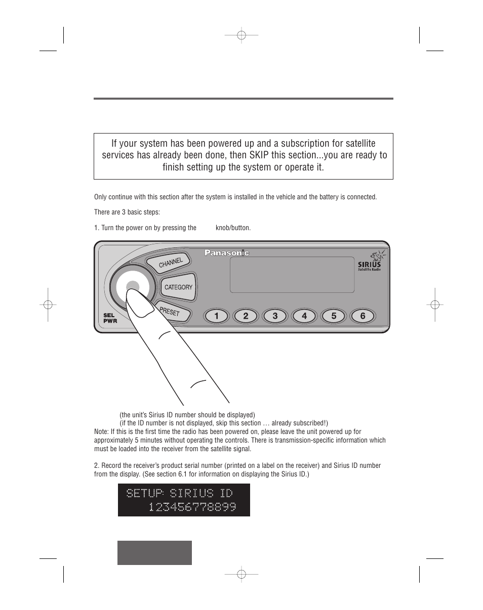 Getting initial subscription, For channels from sirius | Panasonic CR-SRT100 User Manual | Page 9 / 53