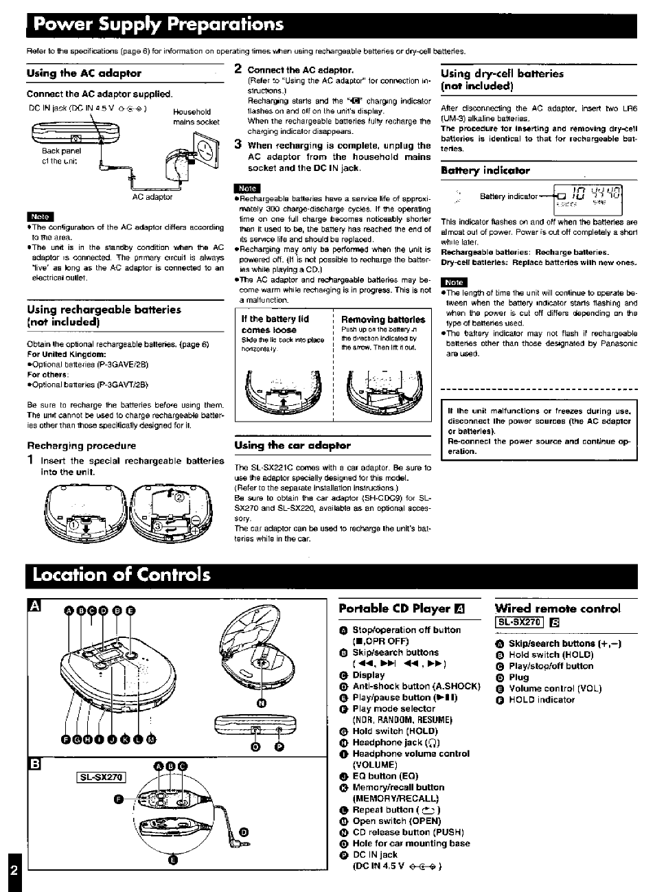 Portable cd player q, Vvired remote control, Power supply preparations | Location of controls | Panasonic SL-SX221C User Manual | Page 2 / 6