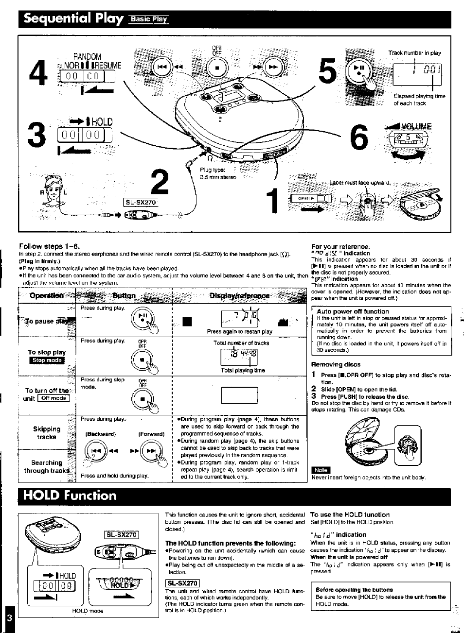Sequential play, Hold function, I hold | 0 0 : c o | Panasonic SL-SX221C User Manual | Page 3 / 6