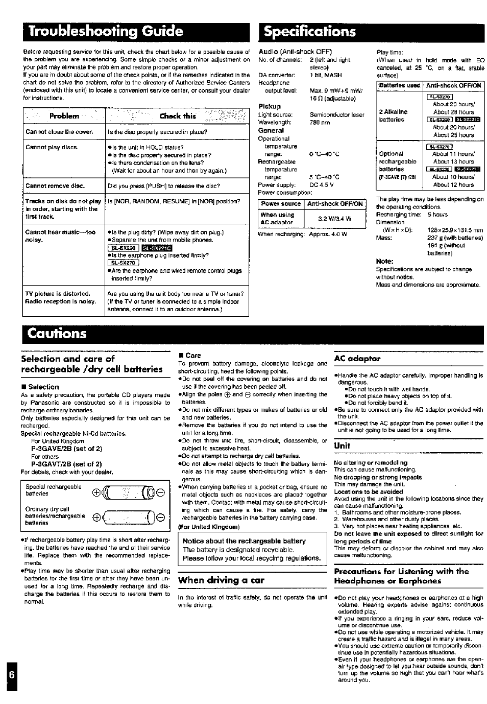 When driving a car, Troubleshooting guide, Specifications | Cautions, Ac odaptor, Unit | Panasonic SL-SX221C User Manual | Page 6 / 6