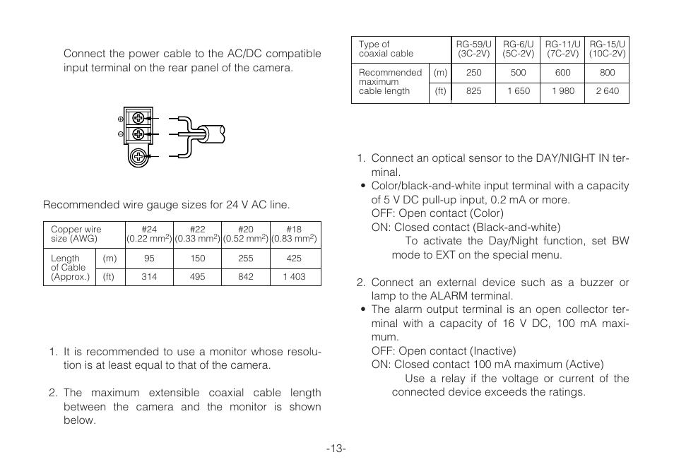 Video cable, Alarm and day/night connections | Panasonic WV-C L924A User Manual | Page 13 / 45
