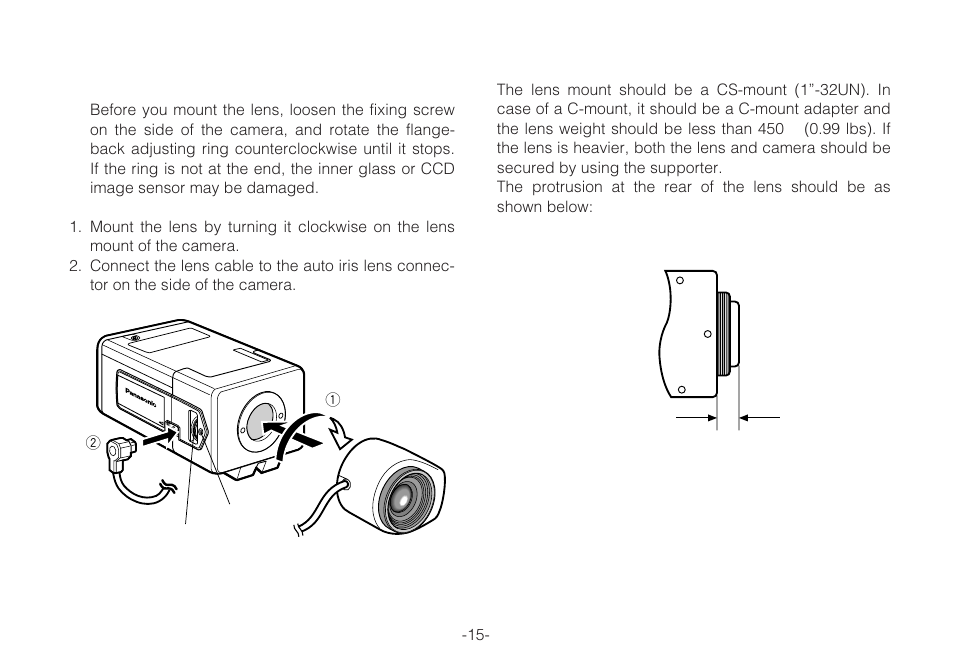 Caution for mounting the lens, Mounting the lens | Panasonic WV-C L924A User Manual | Page 15 / 45