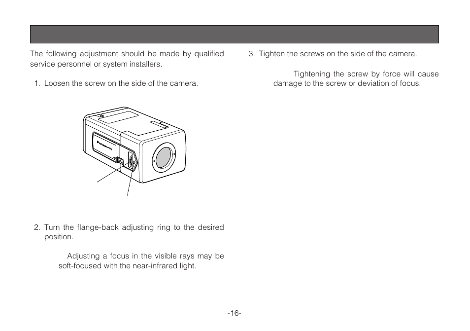 Focus or flange- back adjustment, Focus or flange-back adjustment | Panasonic WV-C L924A User Manual | Page 16 / 45