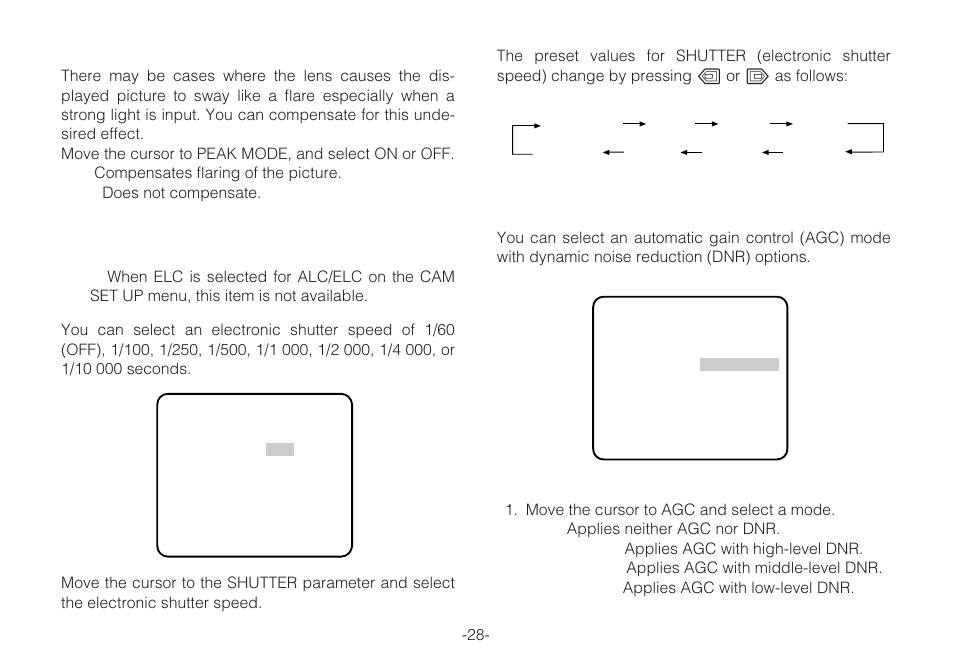 Gain control setting (agc on/off), Shutter speed setting (shutter) | Panasonic WV-C L924A User Manual | Page 27 / 45