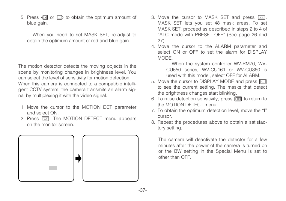 Motion detector setting (motion det) | Panasonic WV-C L924A User Manual | Page 36 / 45